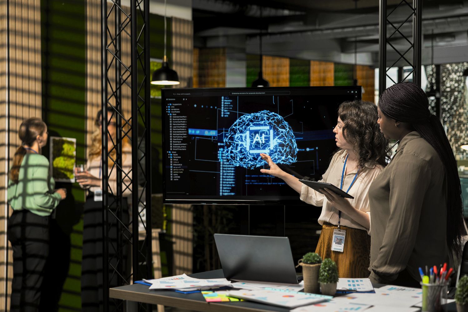 Powerful diverse team leveraging deep learning with big data algorithms, optimizing company performance with AI software and neural networks systems. Business solutions for growth.
