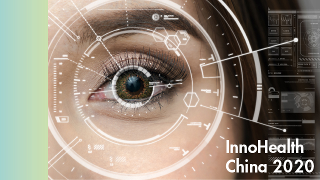 The keyvisual of the InnoHealth China campaign shows a human Iris surrounded by digital calculations, on the left side is a colour spectrum ranging from blue to green.