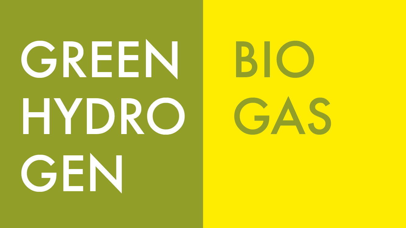 Green and yellow background with lettering "Green Hydrogen" and "Biogas" 