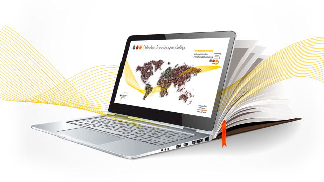 Aufgeklappter Laptop auf dem eine Weltkarte auf einer "Research in Germany" Folie zu sehen ist. Dahinter befindet sich ein Buch.