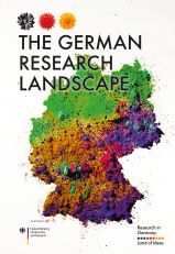 The cover of the brochure "The German Research Landscape". It depicts the country of Germany in strong colors. Over it is written the brochure's title. On the bottom left there is the logo of the Federal Ministry of Education and Research. On the bottom right is the logo of "Research in Germany"