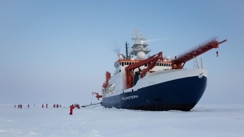 The German icebreaker Polarstern trapped in the sea ice in the Arctic Ocean.