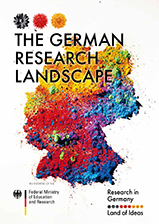 The cover of the Link postcard. It depicts a colorful Germany. Over it is written the brochure's title. On the bottom left there is the logo of the Federal Ministry of Education and Research. On the bottom right is the logo of "Research in Germany"