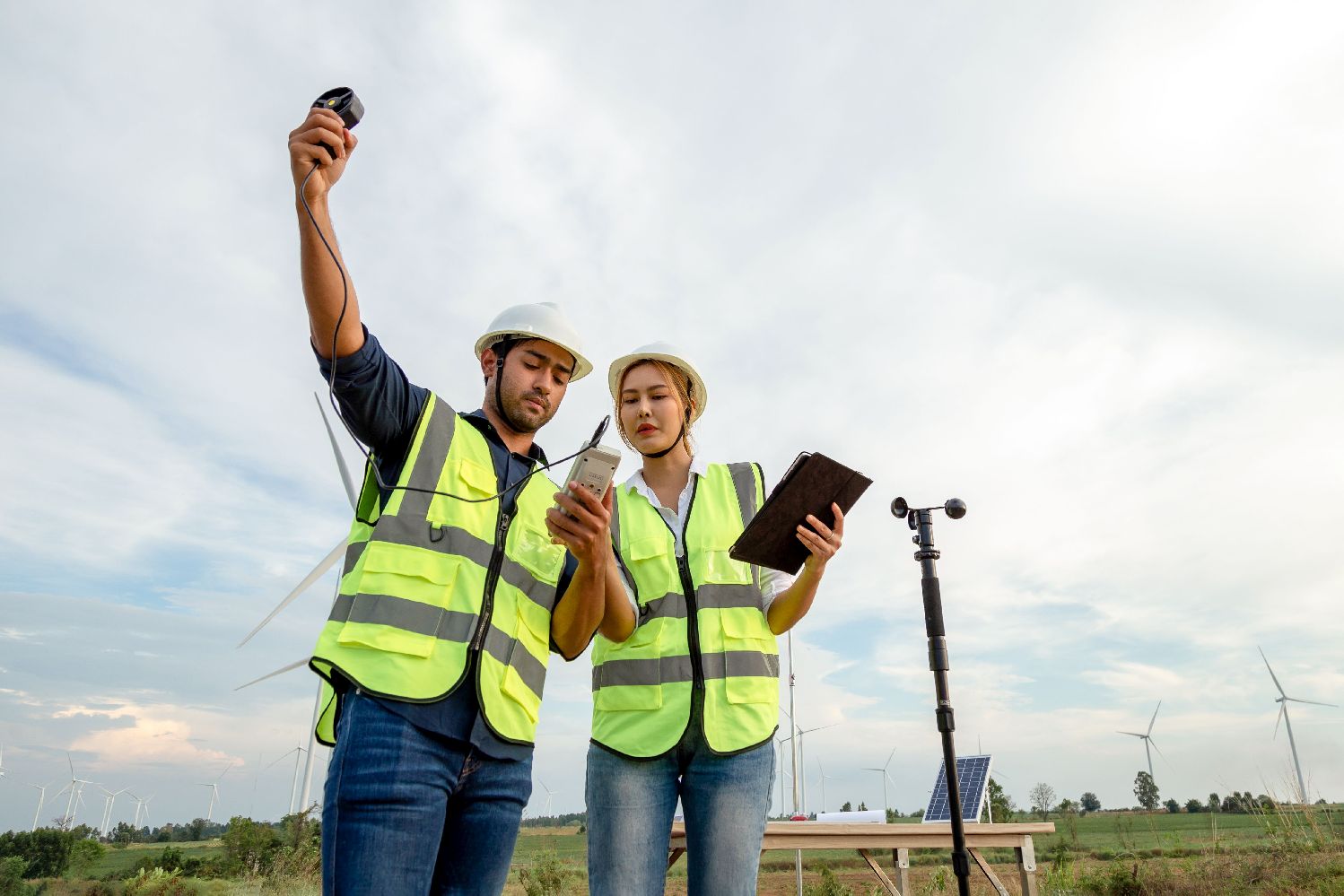 Two researchers in high safety vests are standing on a field, doing measurements.