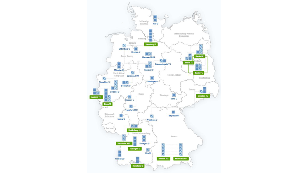 A map of Germany showing all the Universities and Clusters of Excellence.