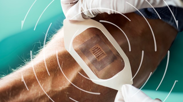 Graphical visualization of a of a transparent patch that is applied to a forearm as a symbolic image for Wearables, one of the possible applications within the Call for Ideas & Innovation of InnoHealth.