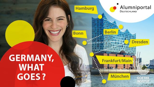 Key visual of the podcast "Germany, what goes?". Collage of a grinning woman and a German city view. Over it are imposed the name of the podcast an abstract roadmap of German cities and the Logos of the Alumniportal and the Goethe Institute.