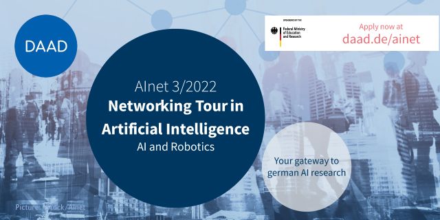 Infographic for the AINet Networking Tour in Artificial Intelligence in March 2022. There is link for a call to applications on the upper right part of the graphic.