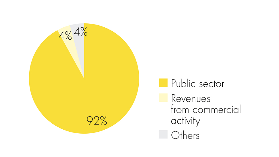 Piechart shows that departmental research institutes are primarily publicly funded (92%). Approx. 5% of these research institutions’ revenues come from their commercial activities and 4% from other sources. Deviation in the total amount is due to rounding.
